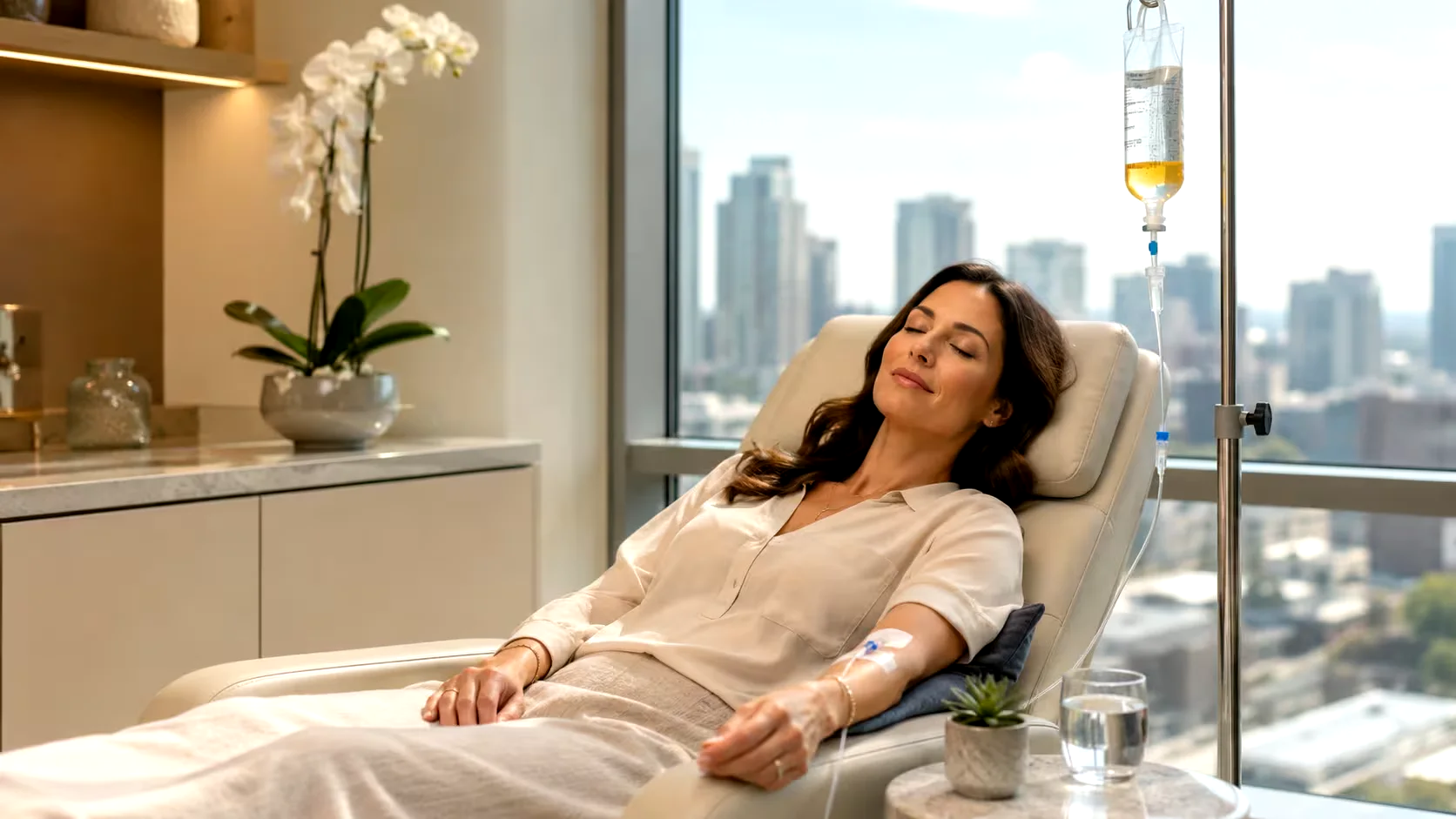 Adult patient resting in a calm clinic infusion chair during an illustrative IV-drip visit