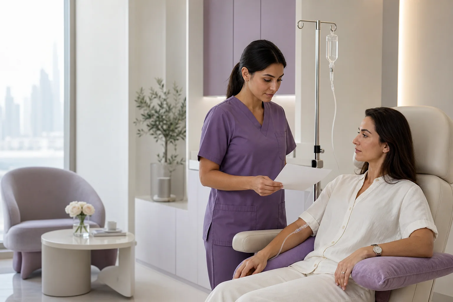Nurse reviewing a monitored infusion visit with an adult patient in an illustrative private clinic room