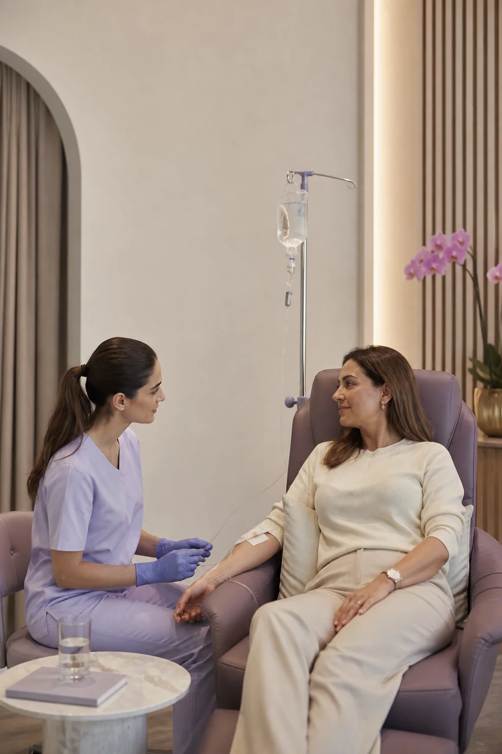 Nurse speaking with an adult patient during an illustrative monitored infusion visit