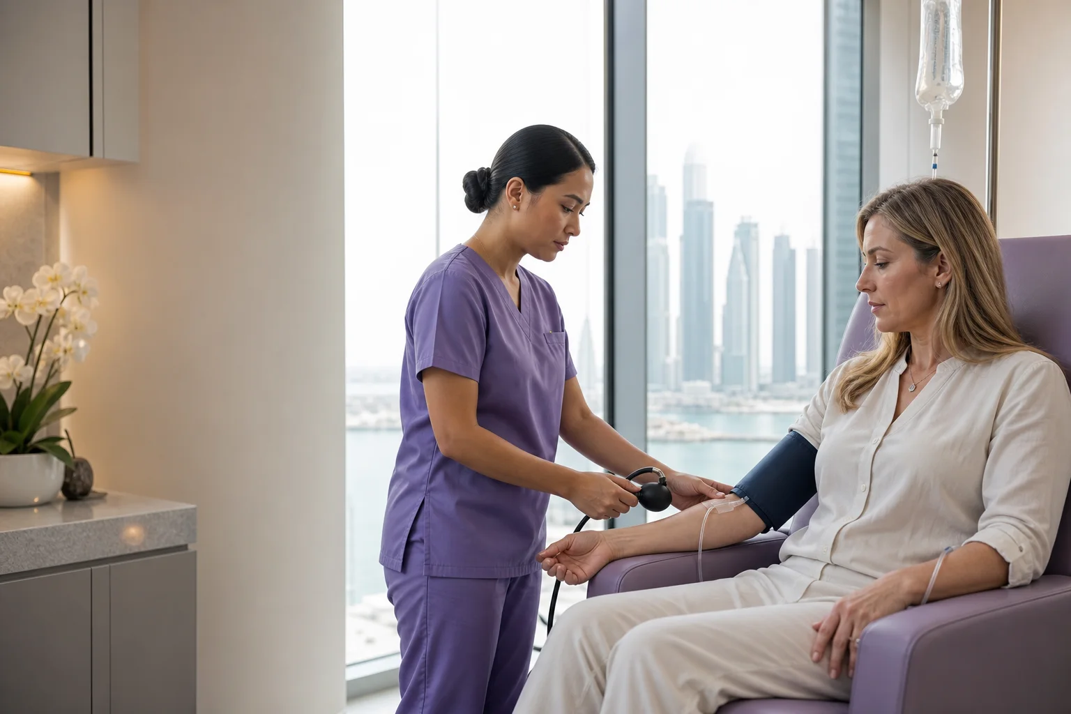 Nurse checking an adult patient during an illustrative monitored infusion visit
