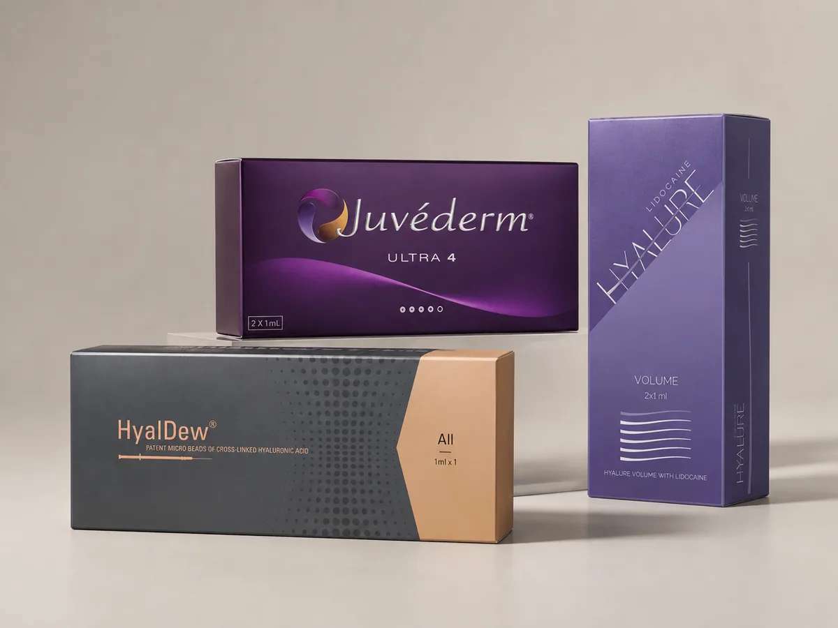 HyalDew, Hyalure, and JUVÉDERM products used for facial filler plans at Mahan Polyclinic