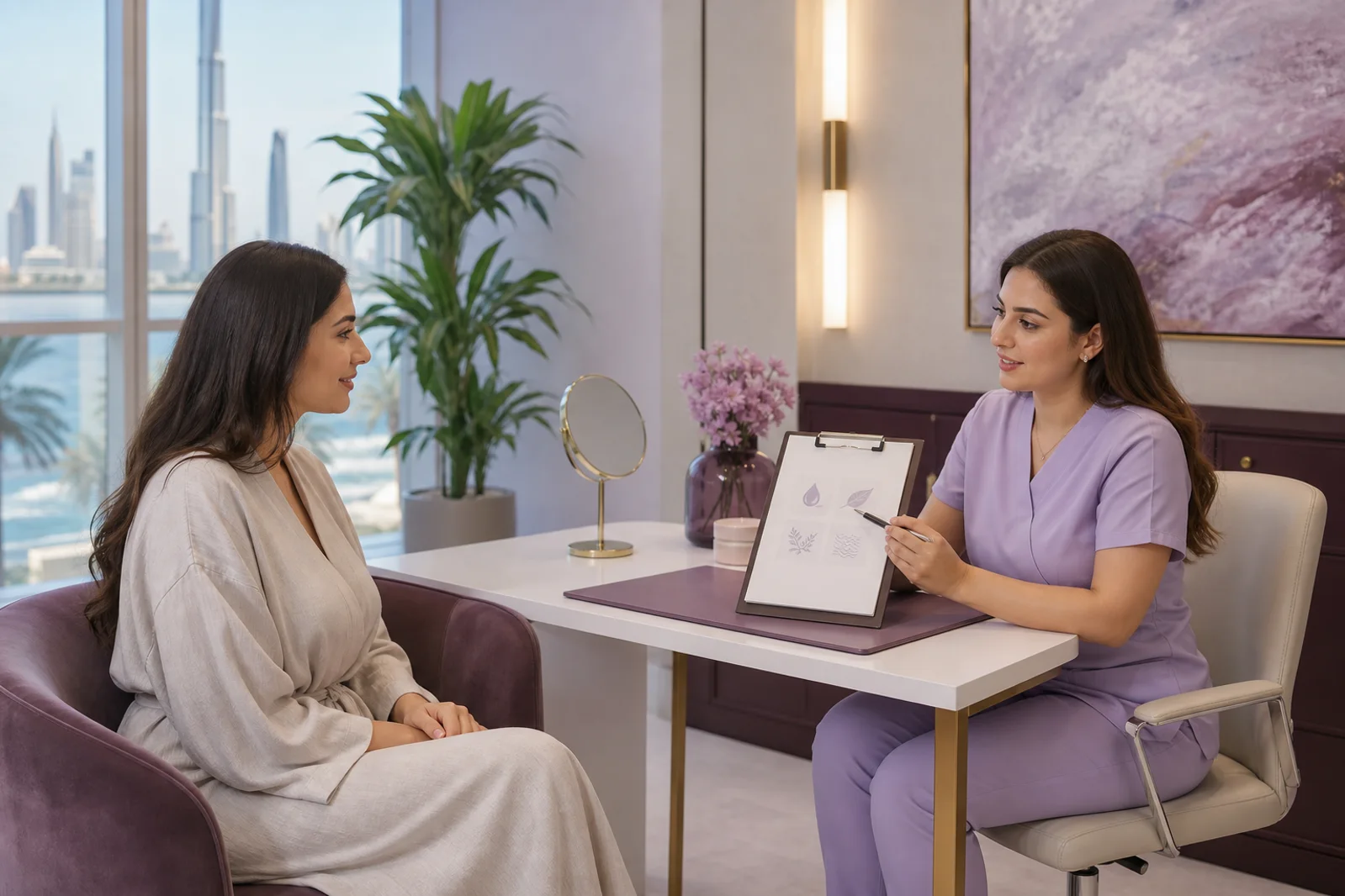 Illustrative adult patient and specialist female dermatologist having a discreet private consultation in a premium Dubai clinic