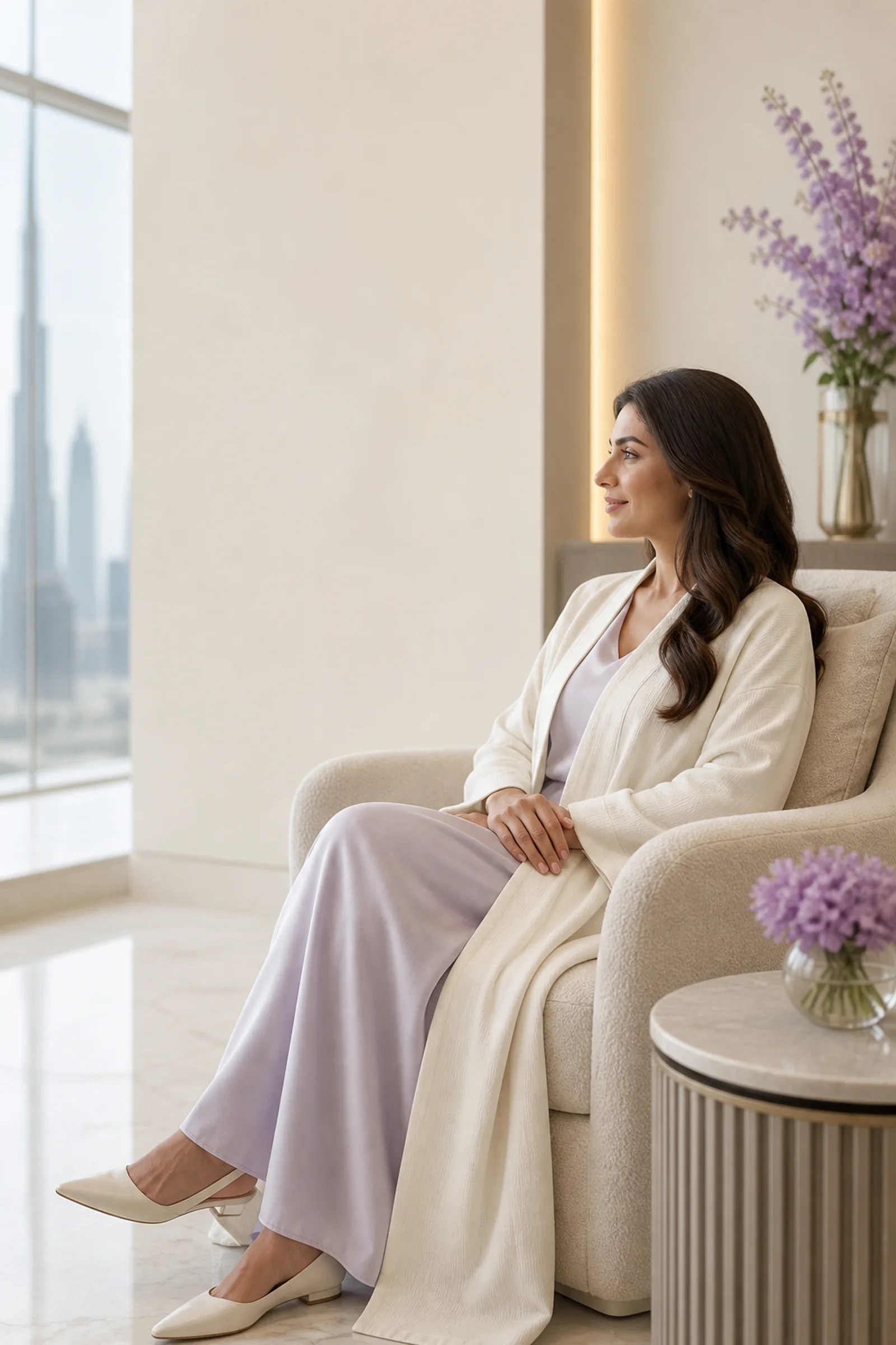 Illustrative fully covered adult patient in a serene Dubai clinic, representing a private intimate-area consultation