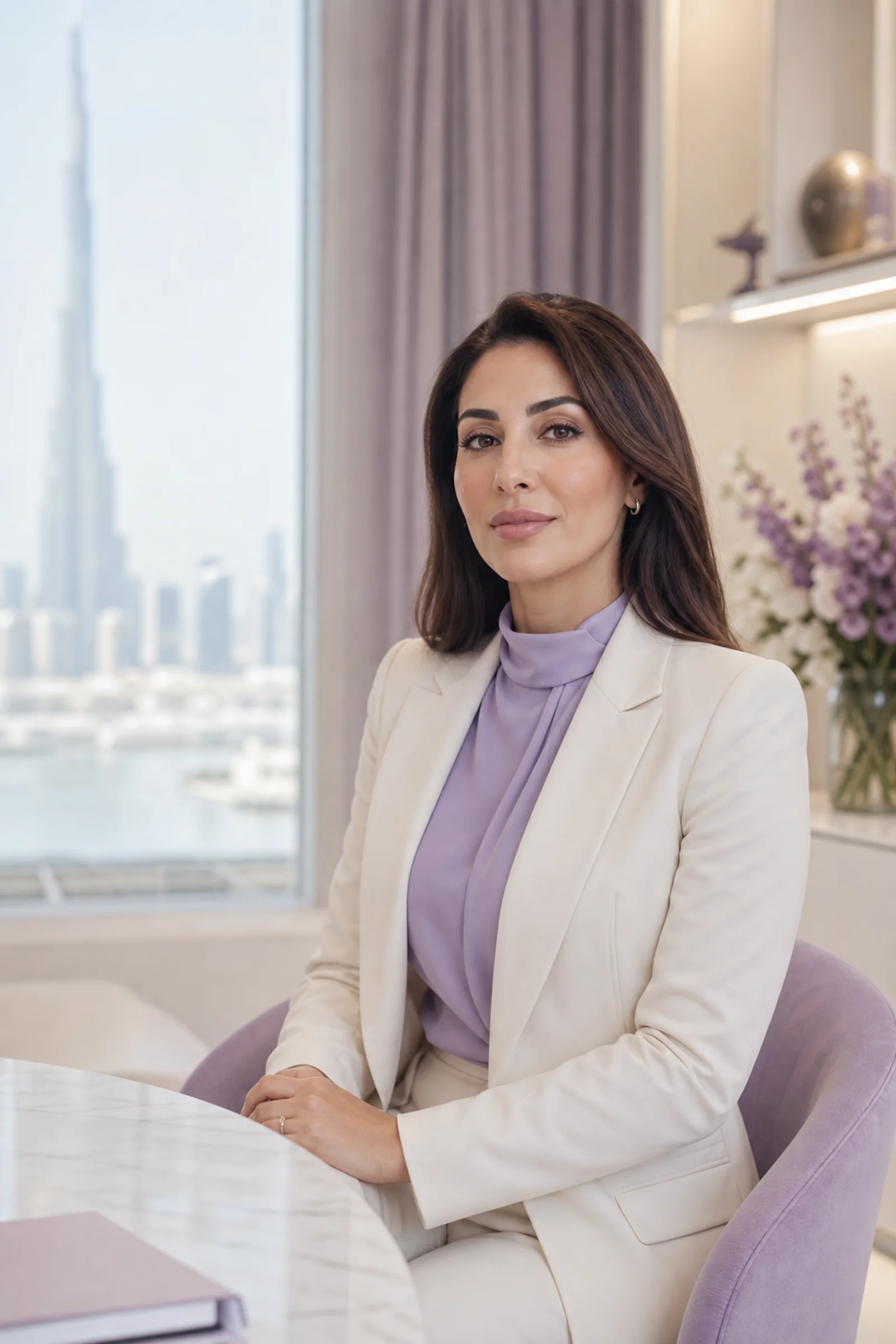 Illustrative fully clothed adult patient in a premium Dubai clinic, representing a private breast-filler consultation
