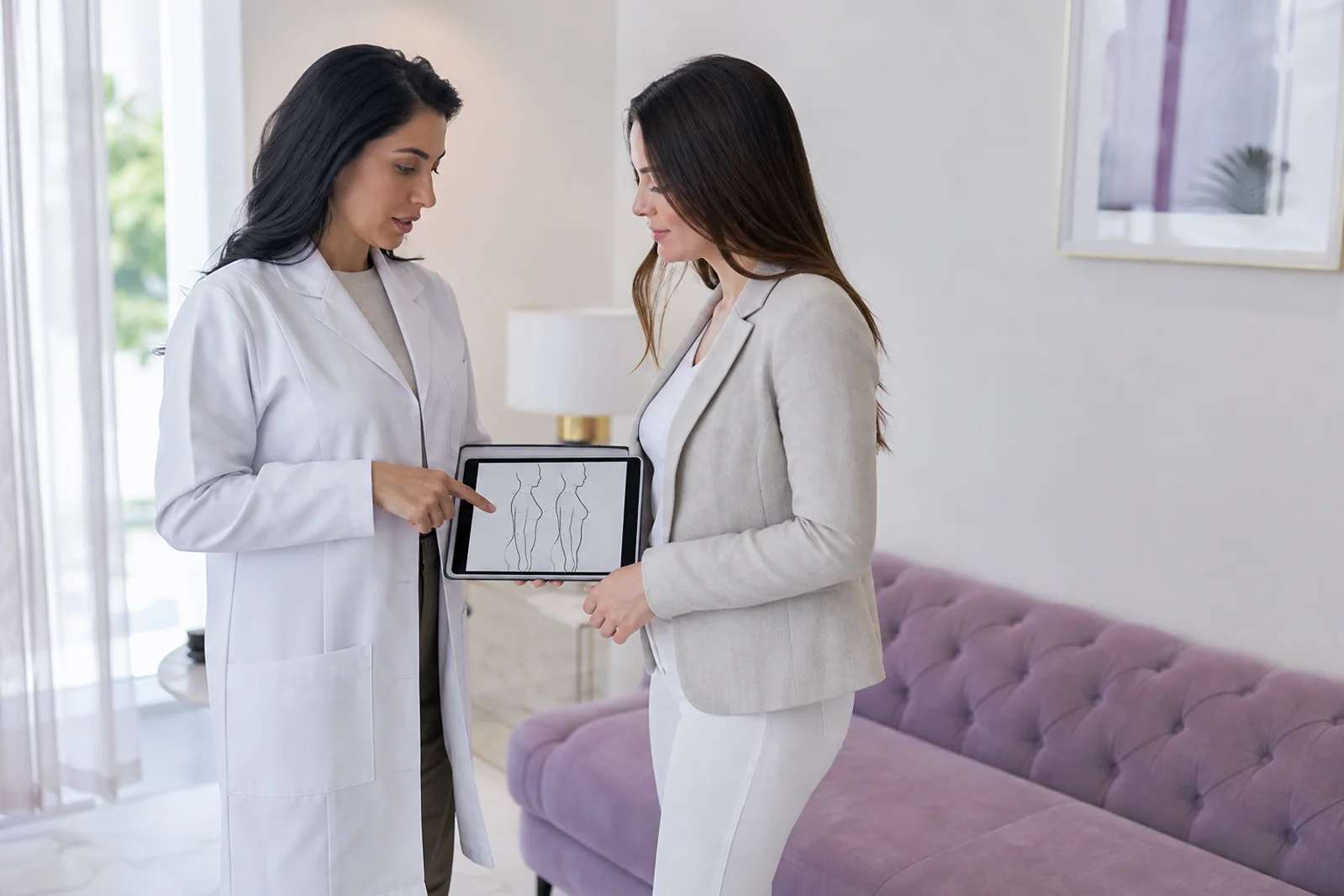 Illustrative specialist dermatologist and adult patient reviewing body-contour proportions in a private clinic consultation