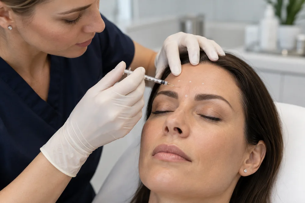Clinician using a fine syringe for an upper-face botulinum-toxin treatment