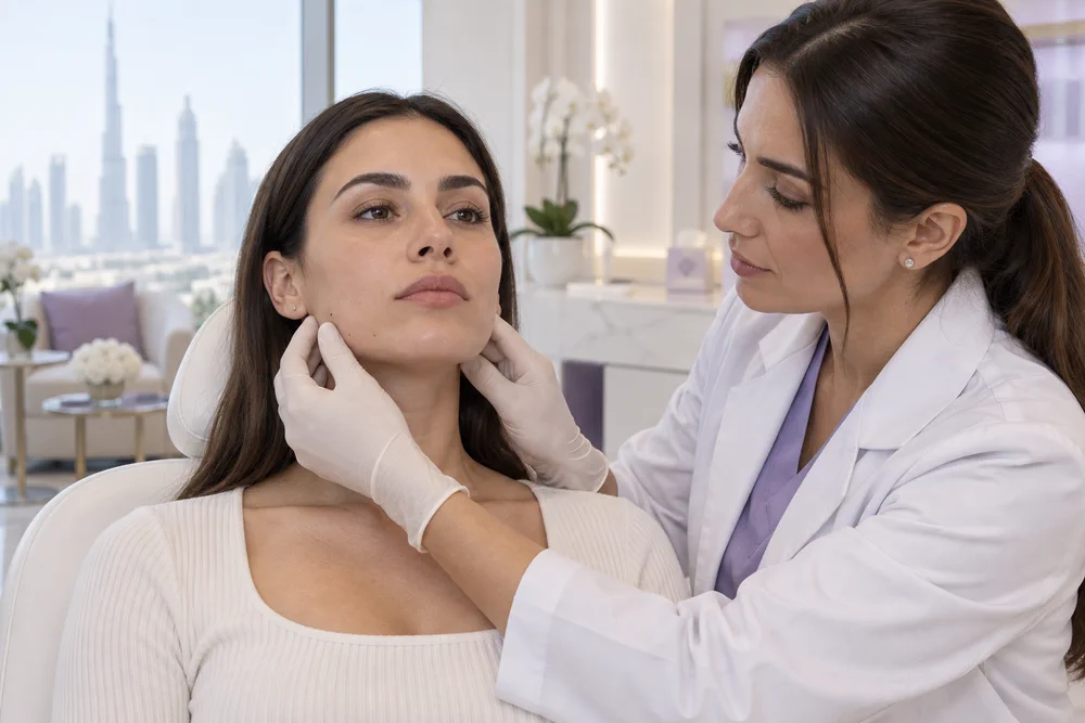 Clinician assessing the jaw and lower face before masseter Botox