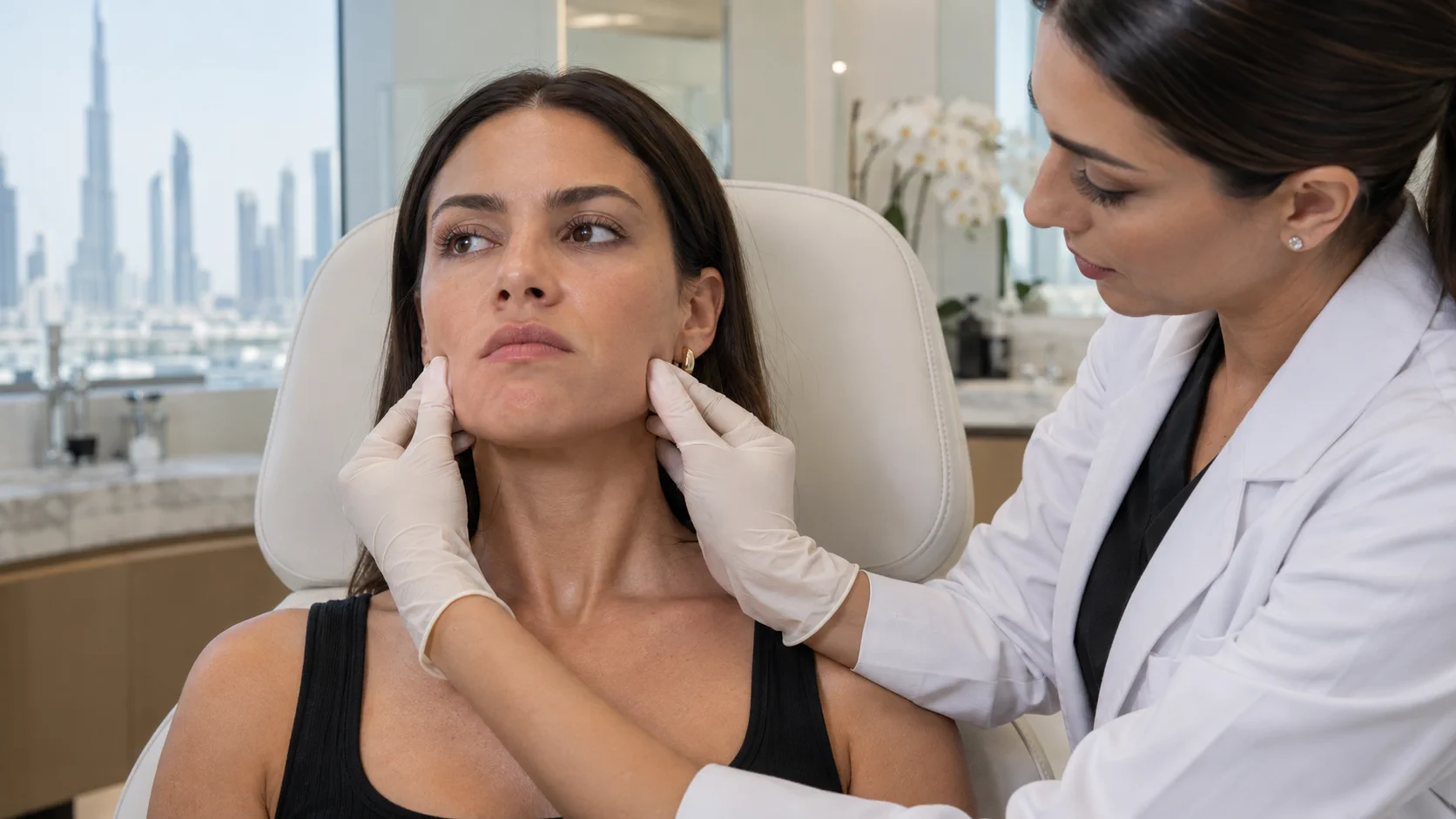 Clinician palpating both masseter muscles while the patient clenches