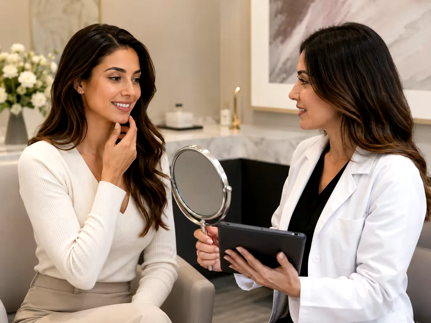 Clinician discussing an individual aesthetic consultation plan with a patient