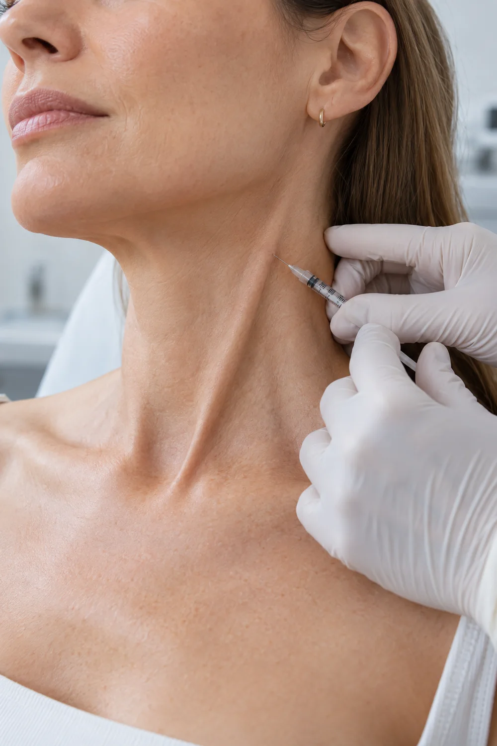 Fine-syringe botulinum-toxin treatment at a selected lateral neck point