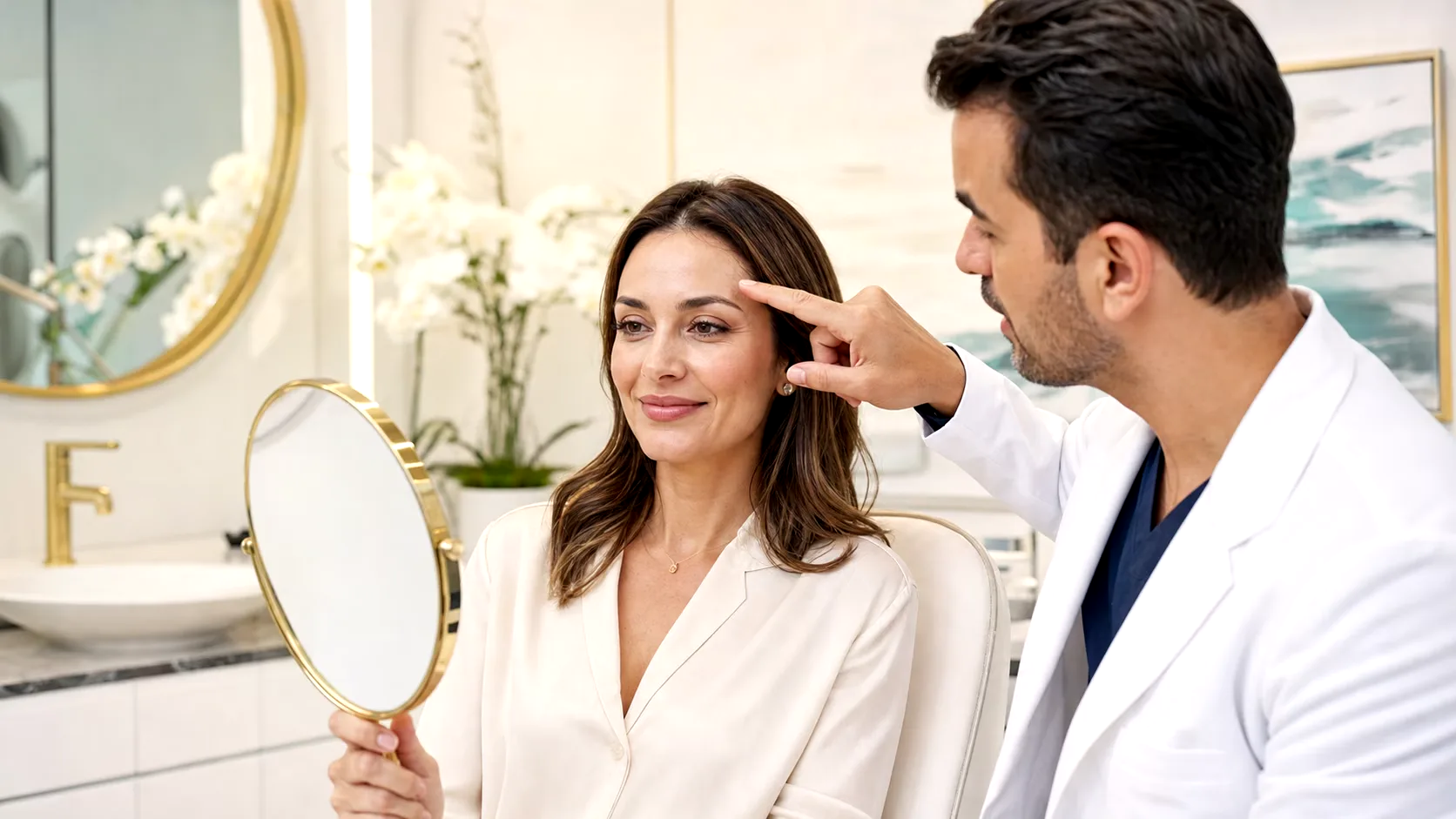 Clinician checking forehead movement and expression with a patient before upper-face Botox
