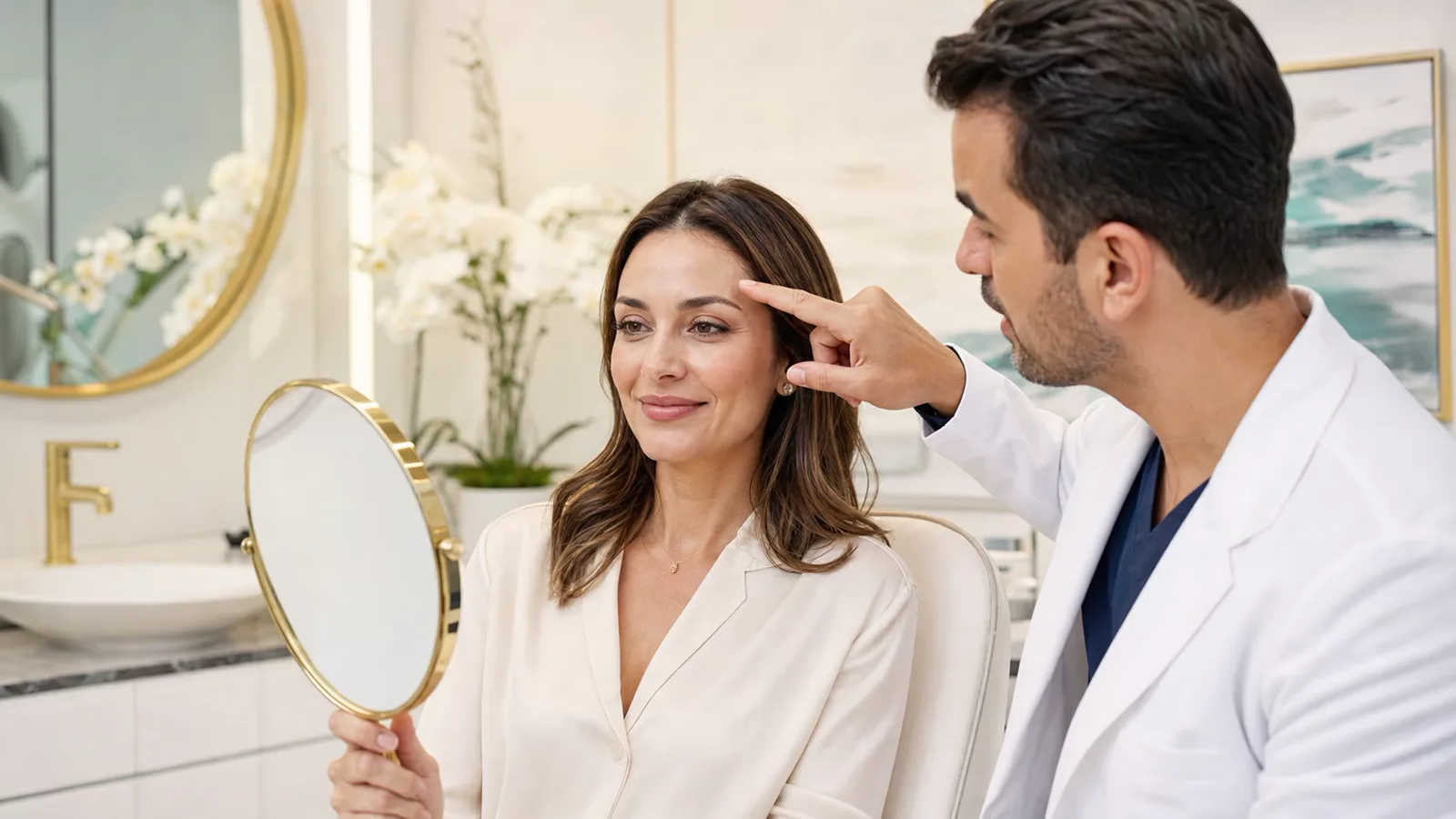 Clinician assessing forehead and eyebrow movement during a Botox consultation