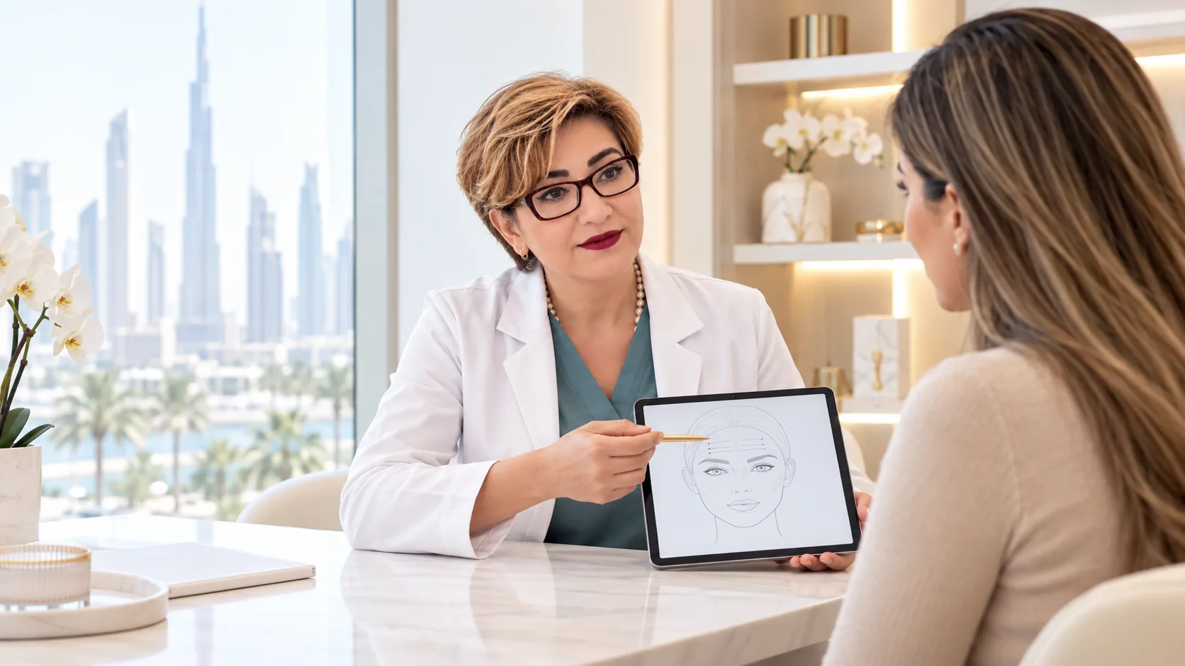 Illustration of the supplied female doctor discussing facial movement and Botox treatment planning