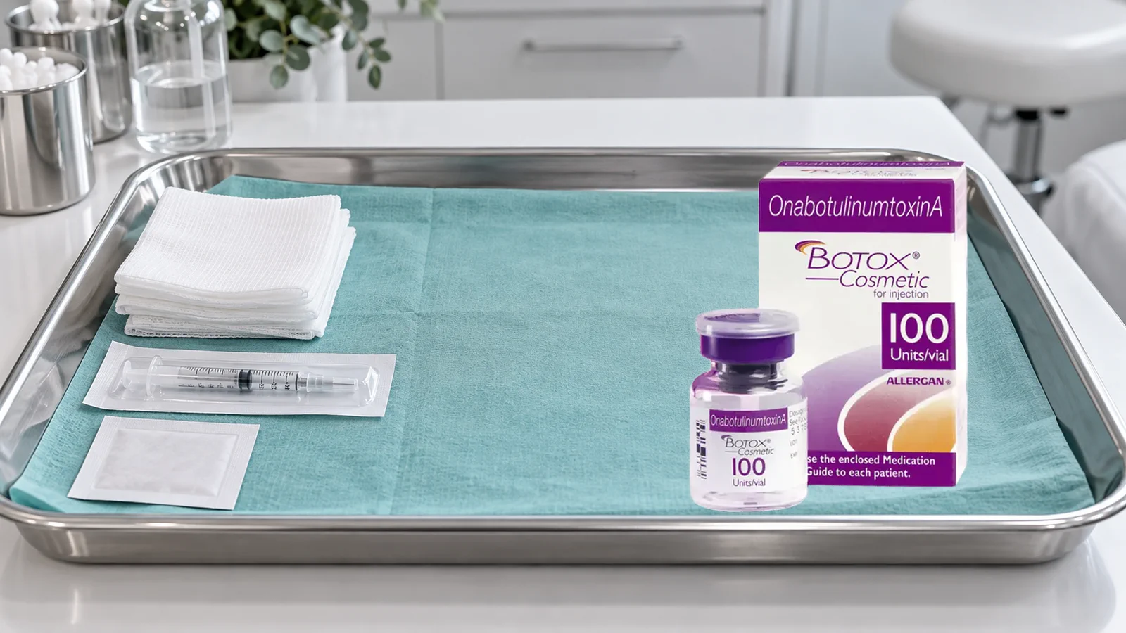 Allergan BOTOX Cosmetic box and vial on a prepared clinical tray
