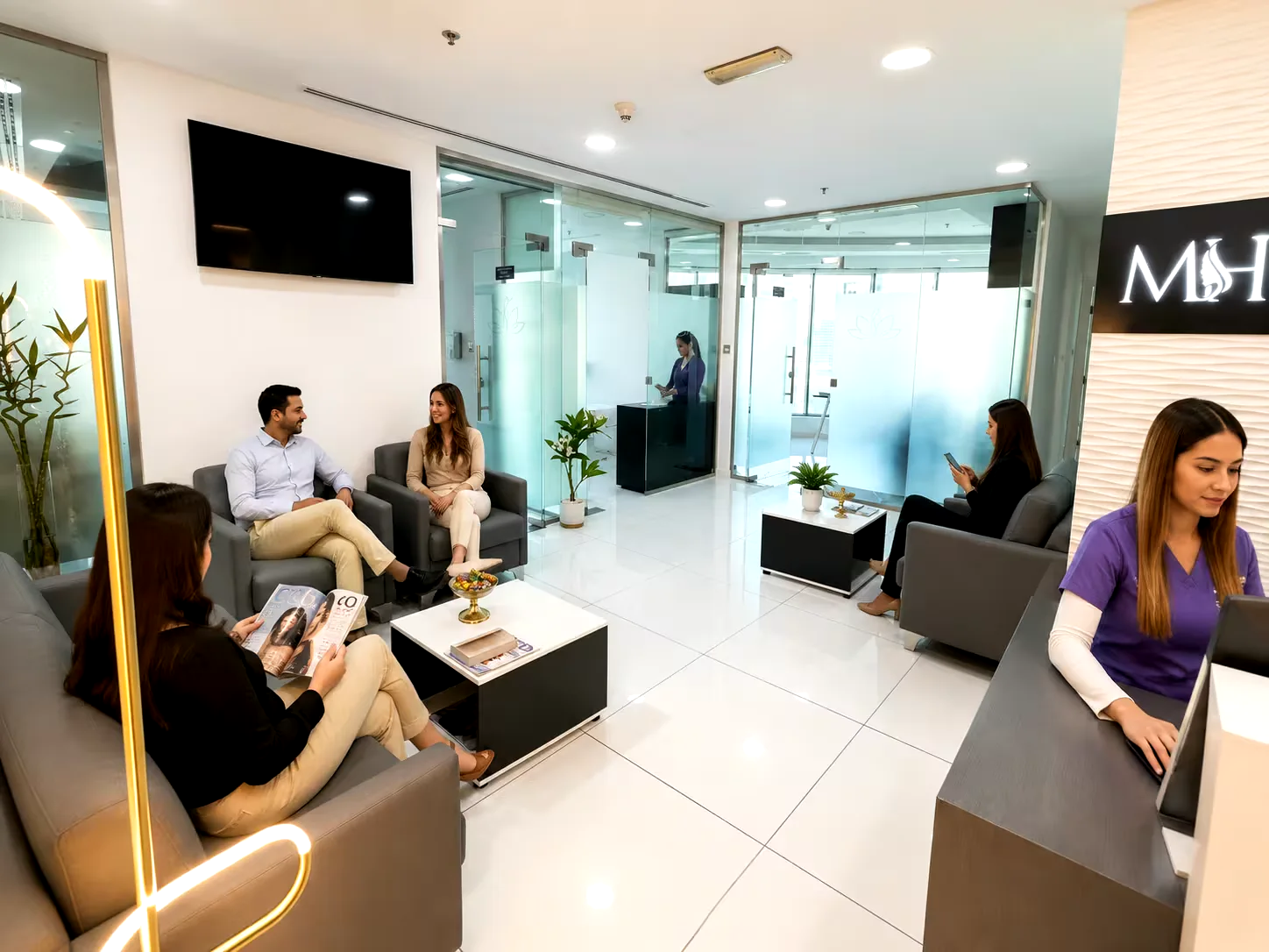 Patients and team in the Mahan Polyclinic reception in Business Bay, Dubai