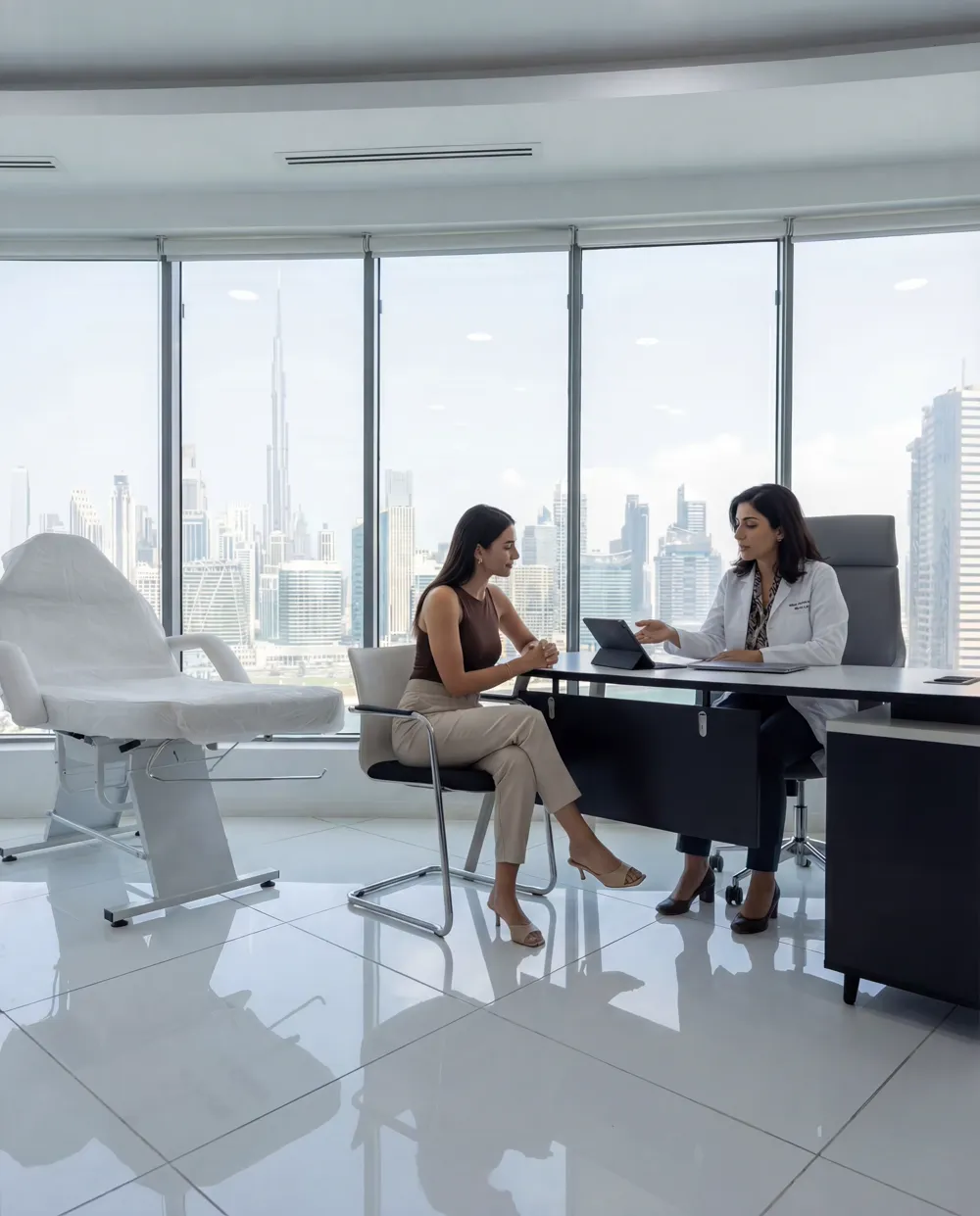 Personal aesthetic consultation at Mahan Polyclinic with the Dubai skyline