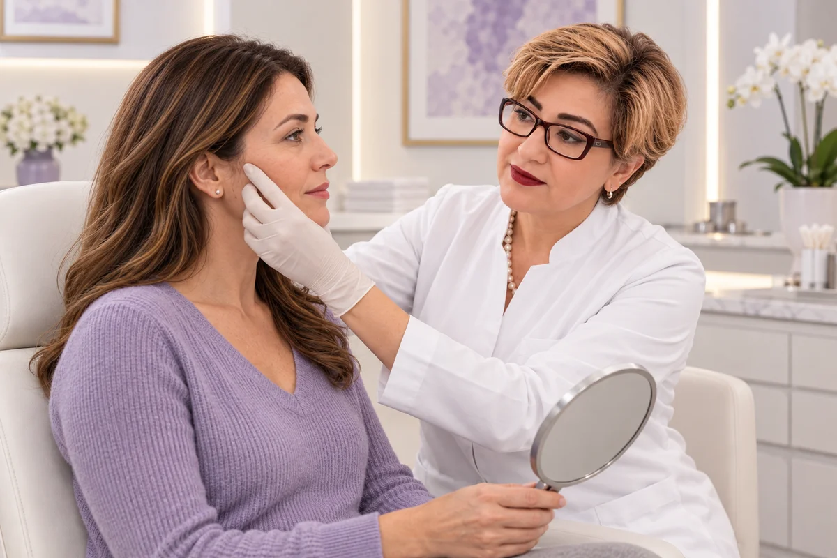 AI-generated consultation illustration of the supplied female doctor assessing lateral cheek tissue; not a patient result