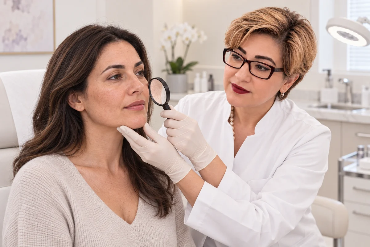 AI-generated consultation illustration. The clinician assesses facial skin texture before choosing an injectable product.