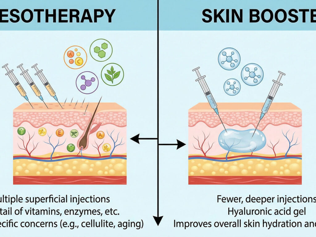 Mesotherapy vs skin booster injection depth comparison diagram showing superficial and deep dermal layers