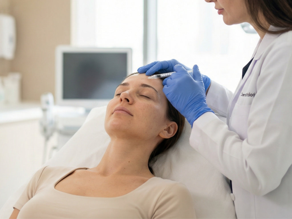 Medical professional in blue gloves preparing a Botox injection for a patient in a Dubai aesthetic clinic.