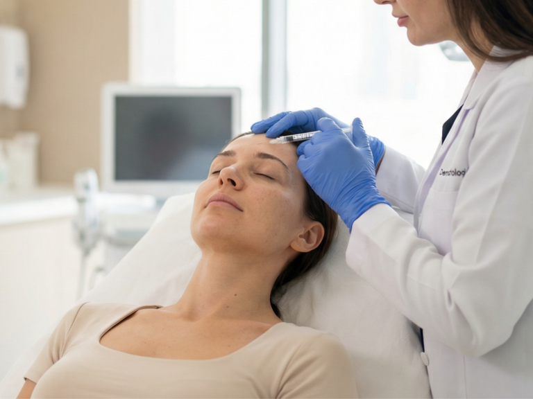Medical professional in blue gloves preparing a Botox injection for a patient in a Dubai aesthetic clinic.
