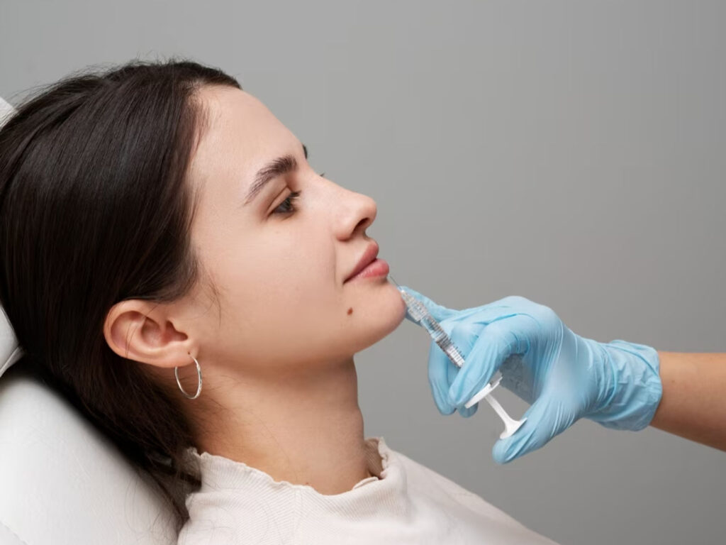 Patient receiving a facial assessment before dermal filler treatment in a clinic setting.