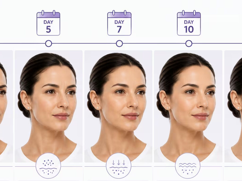 Timeline illustration showing Botox results developing over 2 to 14 days