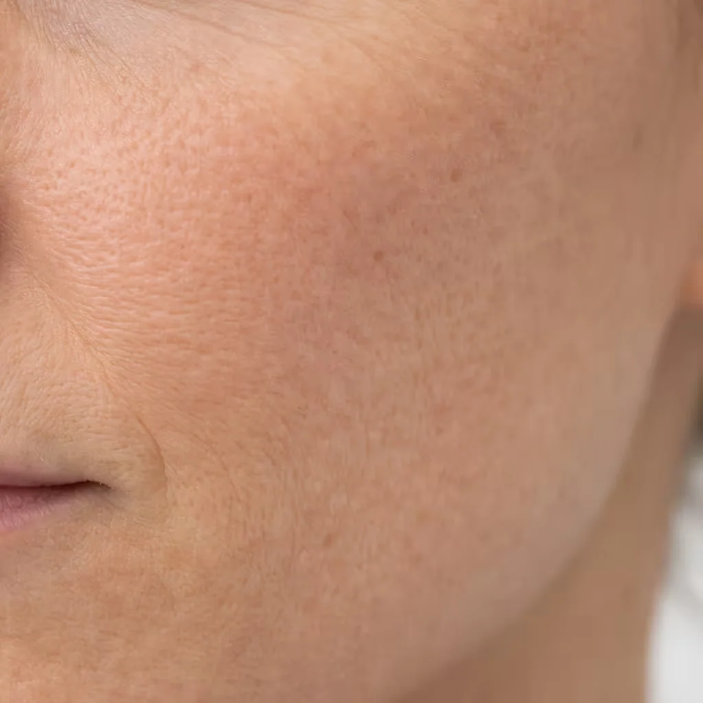 Close-up of fine crepey skin texture with delicate lines on the cheek