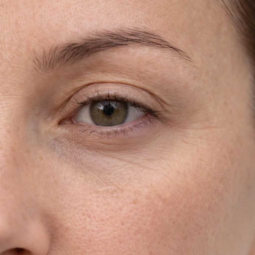 Close-up of under-eye skin with fine lines and delicate texture
