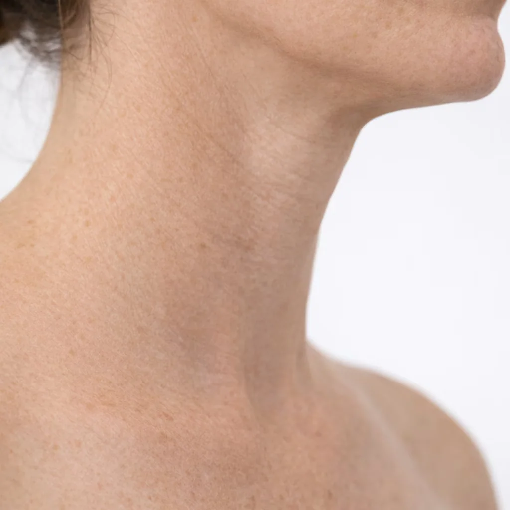 Side view of neck skin showing fine lines and early signs of aging